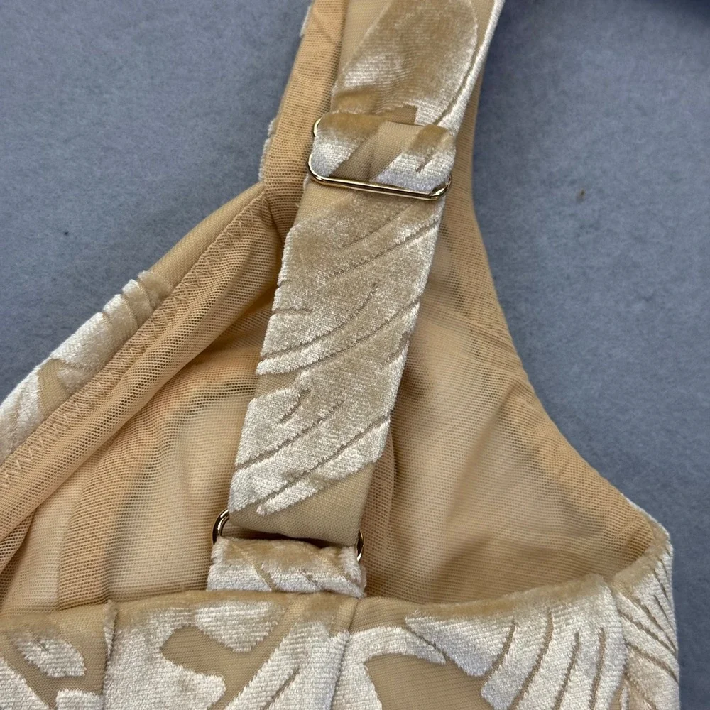 Oh Polly Womens US 0 Nude Velvet Burnout Leaf Corset Crop Top‎ Adjustable Straps